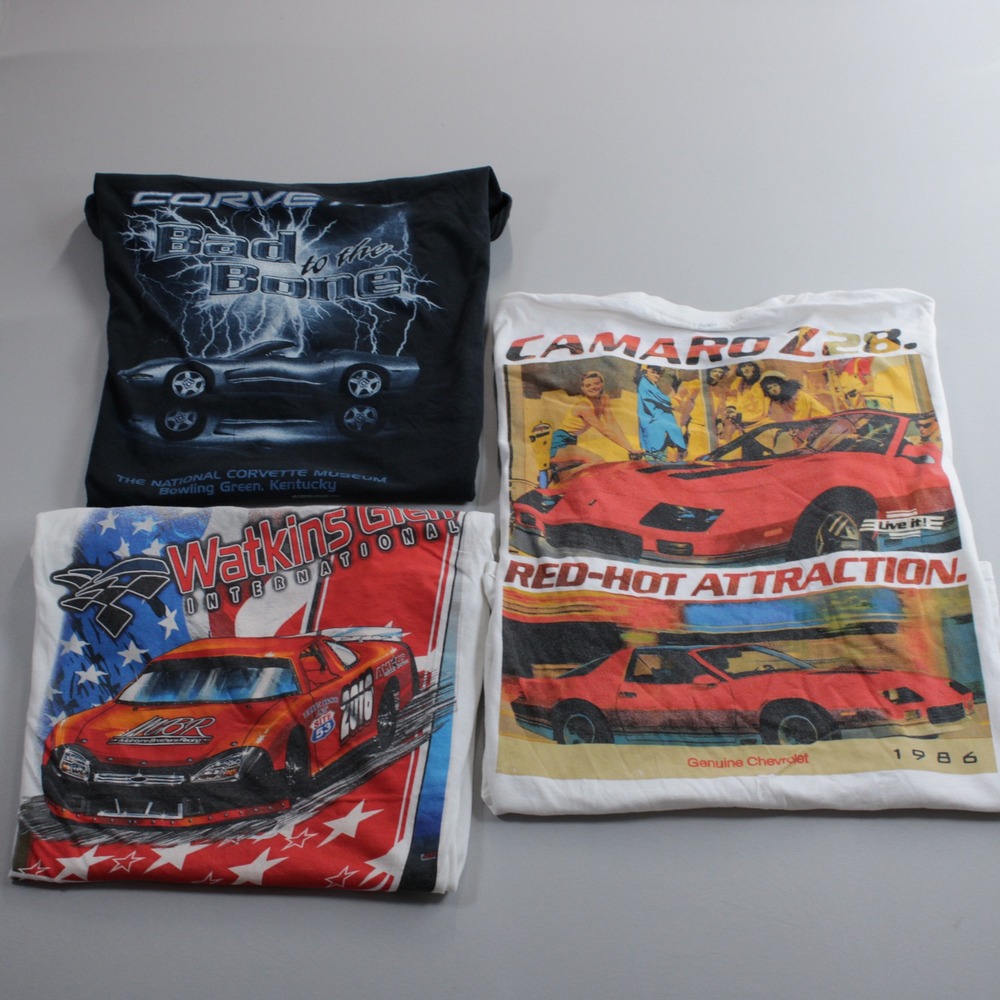 Lot of 3 Corvette Camaro Watkins Glen Graphic T-Shirts Mens 3XL Black White Cars